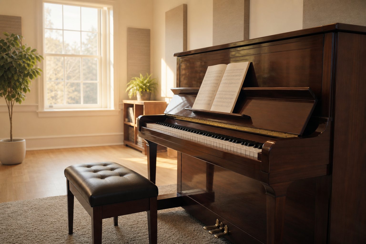 Grand piano in a bright teaching studio with sheet music on the stand